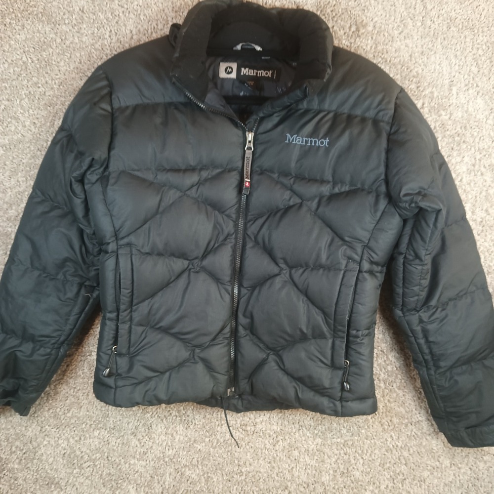 Marmot Womens Black Goose Down Puffer Jacket Diamond Quilt Full Zip Sz.S RN79448